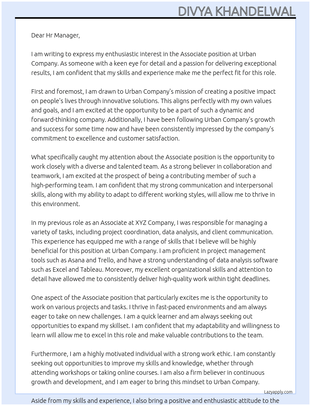 associate At Urban comany Cover Letter