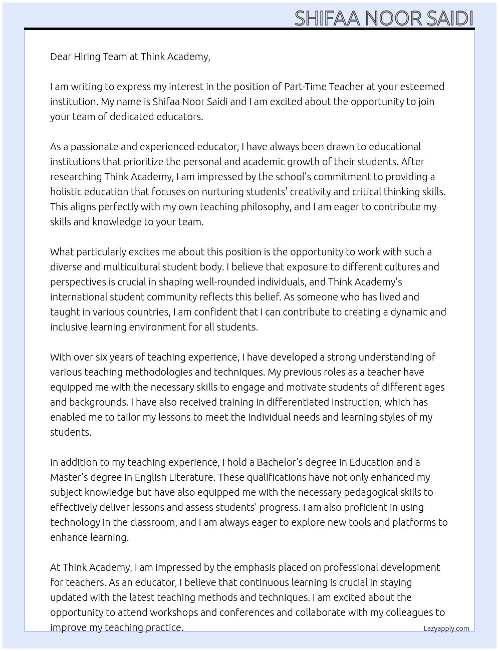 part time teacher At Think Academy Cover Letter