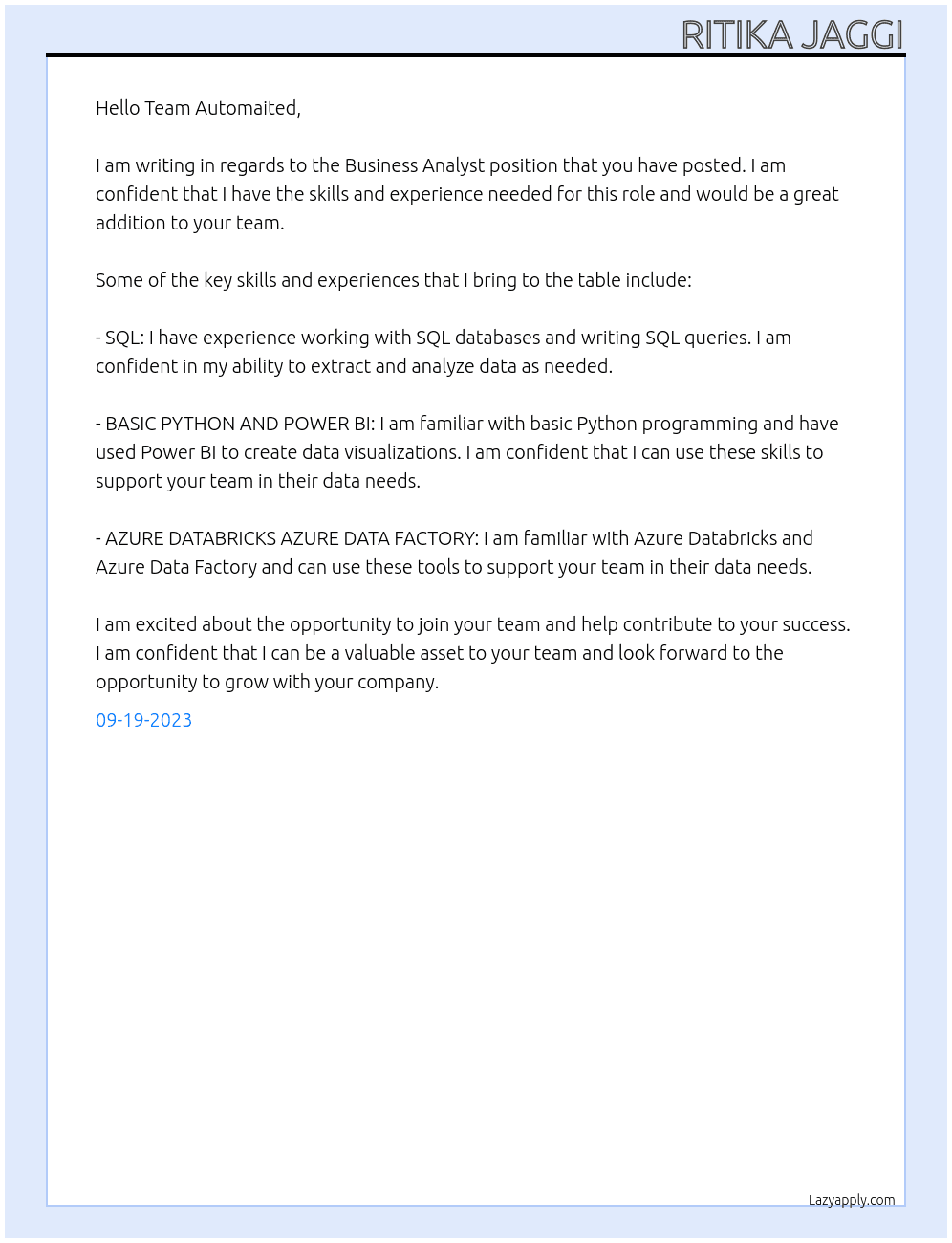Business Analyst At Automaited Cover Letter