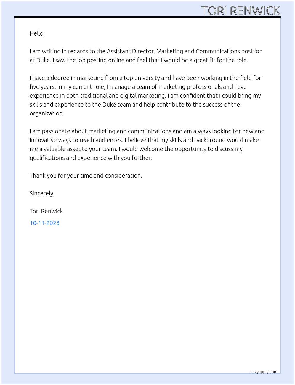 Assistan Director, Marketing and Communications At Duke Cover Letter
