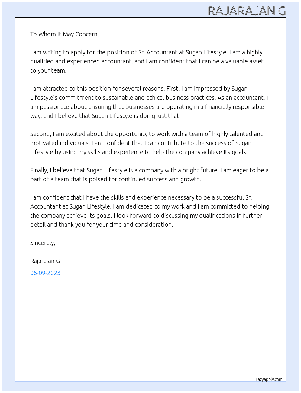 Sr. Accountant At Sugan Lifestyle Cover Letter