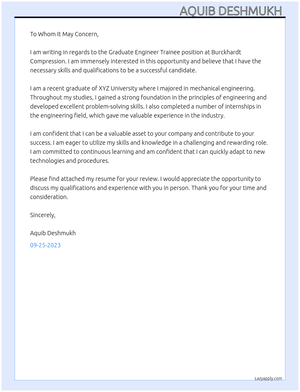Graduate Engineer Trainee At Burckhardt Compression  Cover Letter