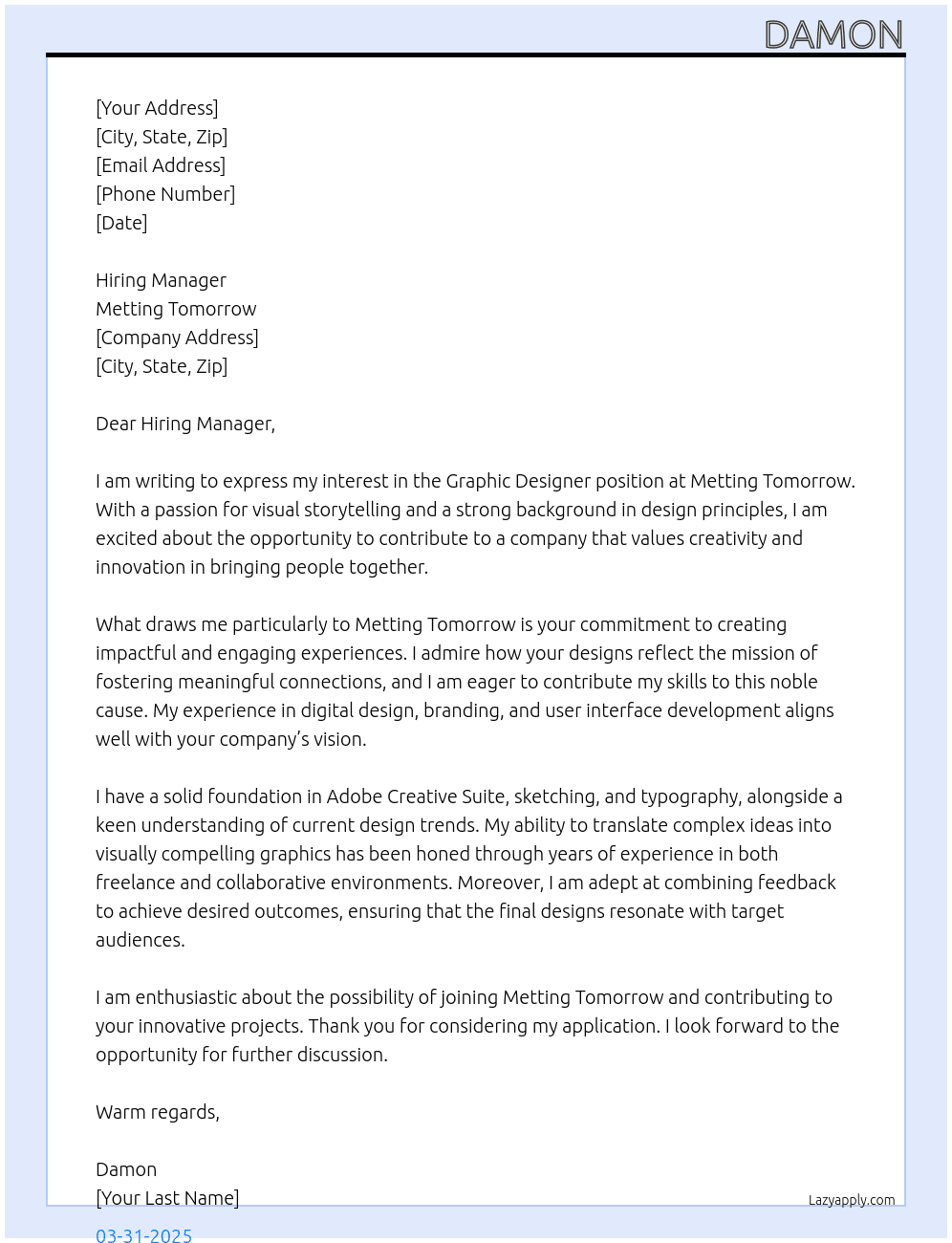 Graphic Designer At Metting Tomorrow Cover Letter