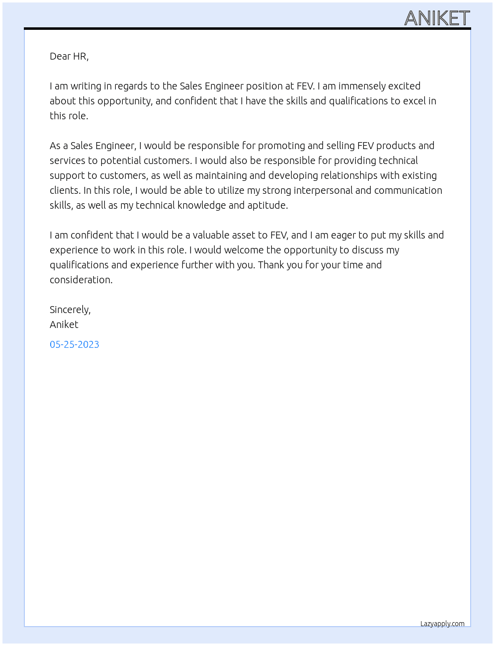 Sales Engineer At FEV Cover Letter
