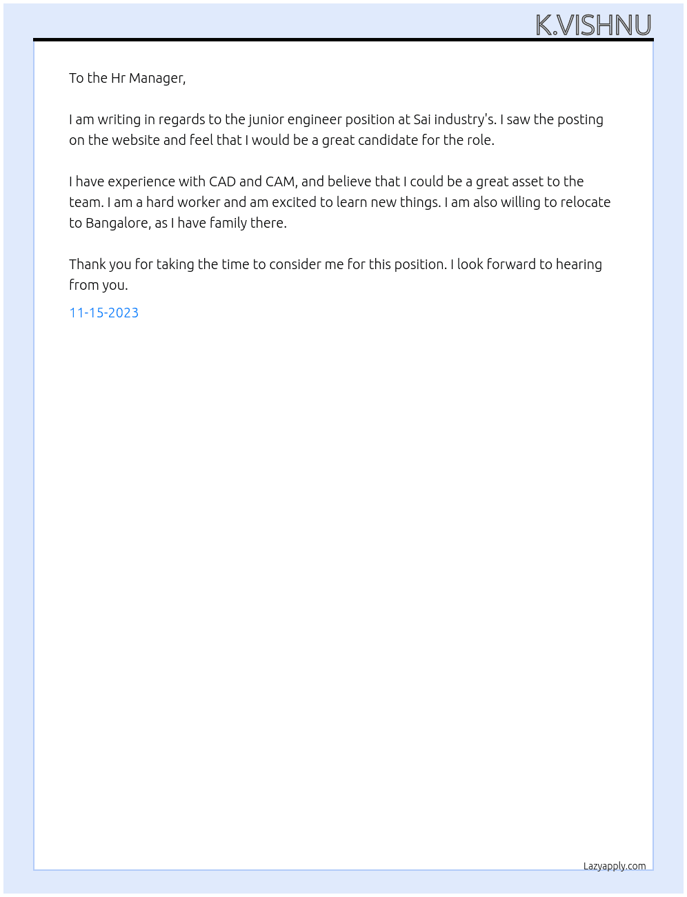 junior engineer At Sai  industry's Cover Letter