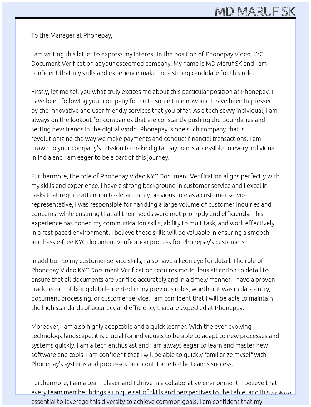 phonepay video KYC document verification  At Phonepay  Cover Letter