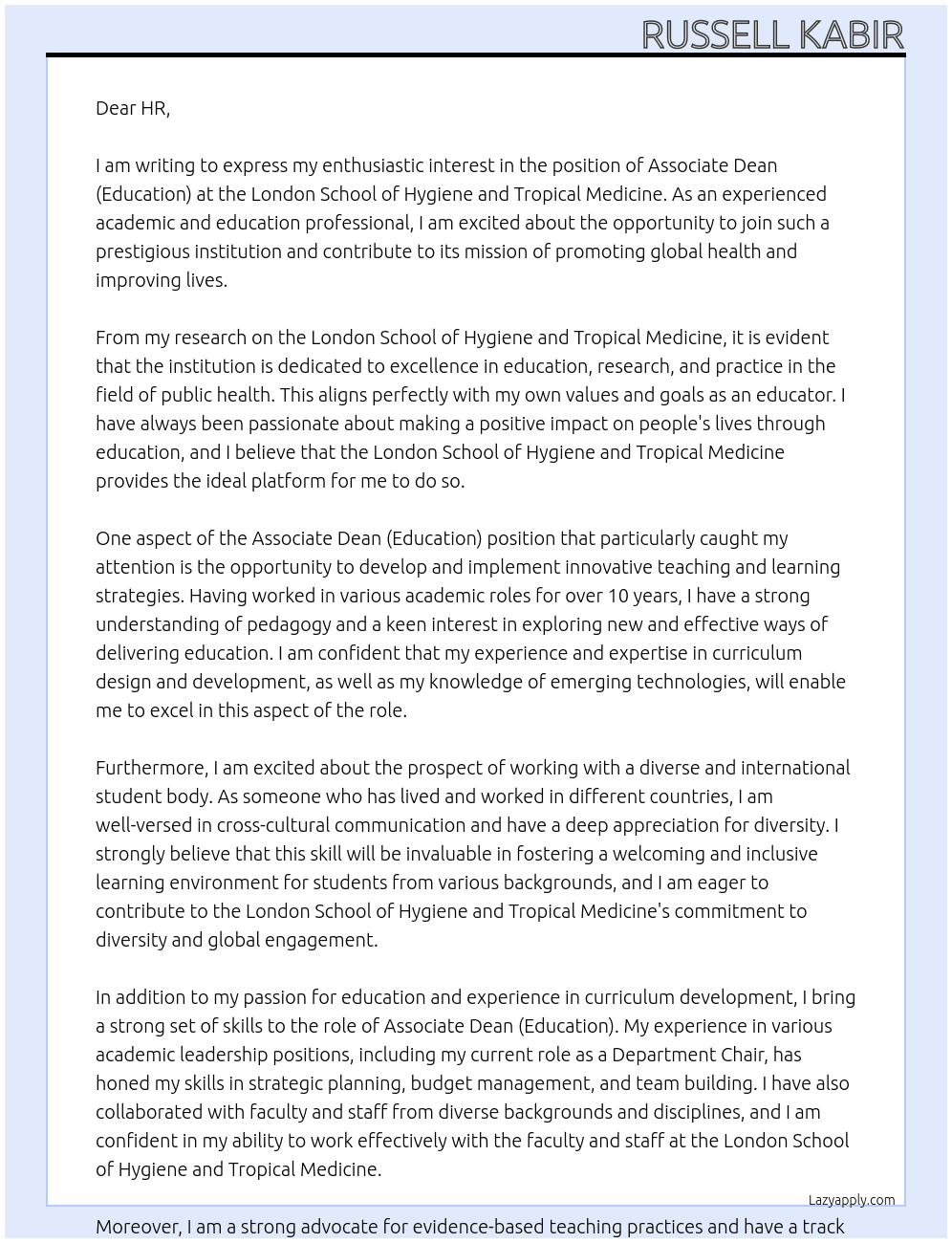 Associate Dean (Education0 At London School of Hygiene and Tropical Medicine Cover Letter