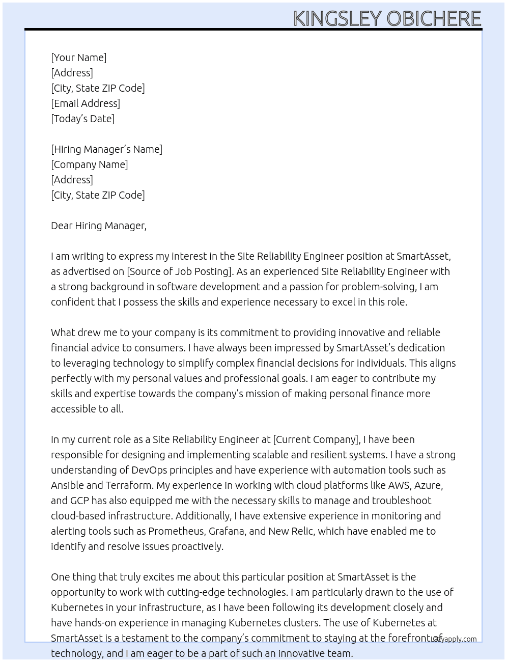 Site Reliability Engineer At SmartAsset Cover Letter
