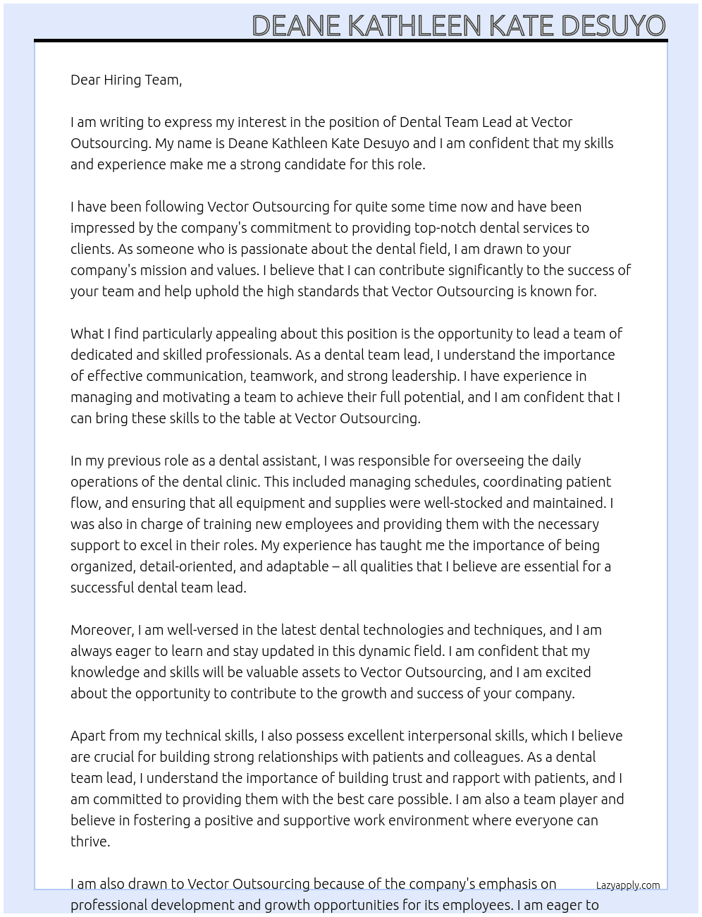 dental team lead At Vector Outsourcing Cover Letter
