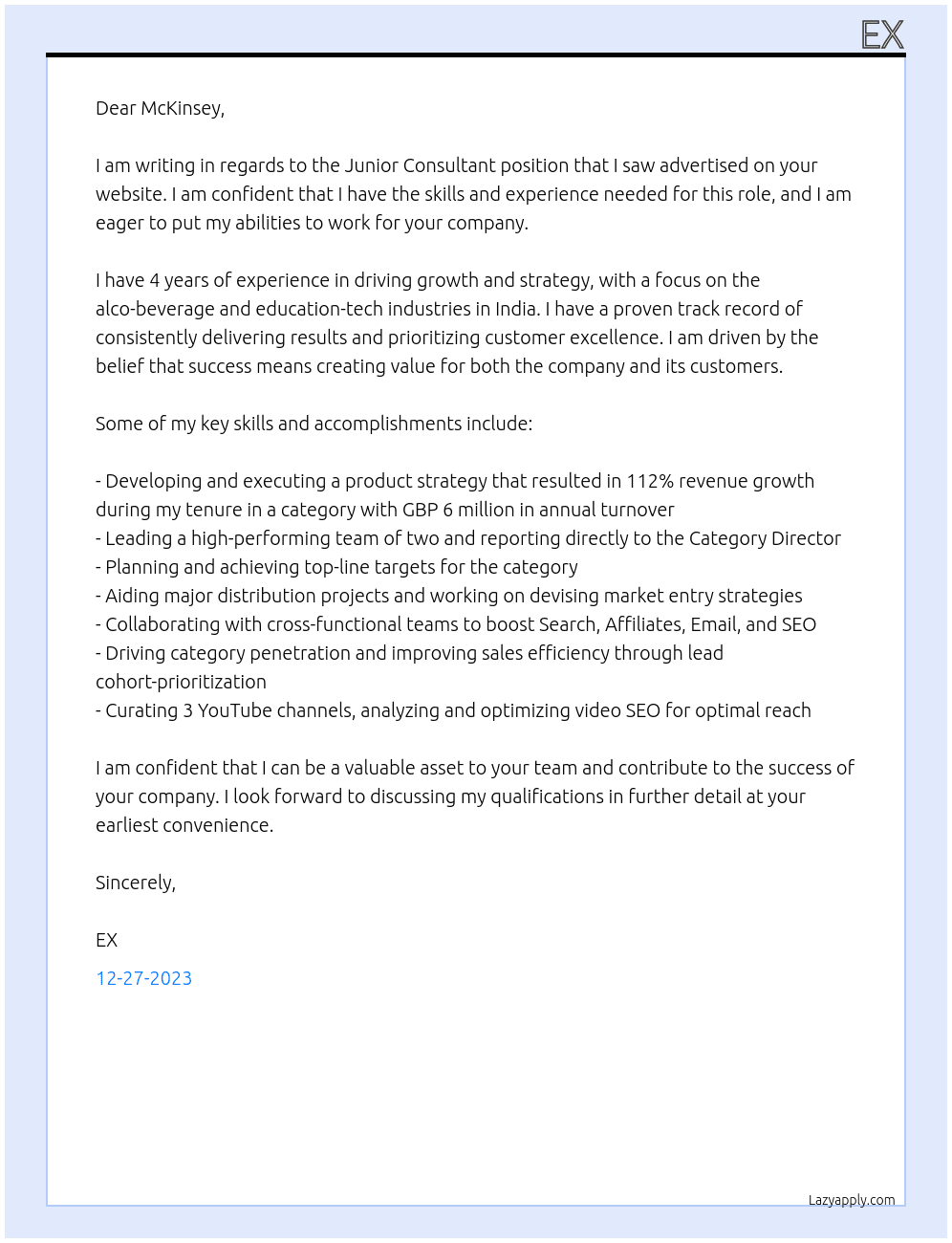 Junior Consultant At McKinsey Cover Letter