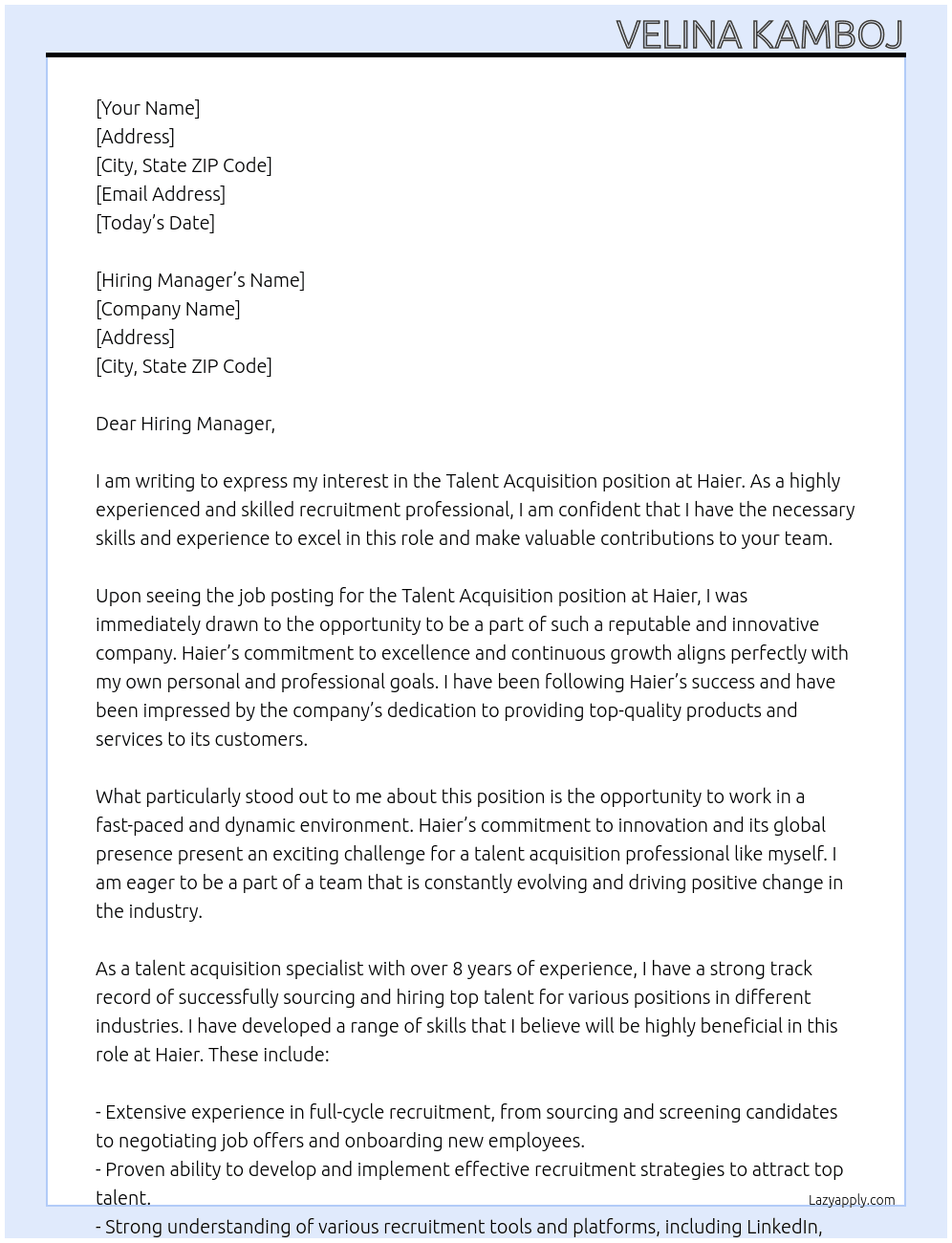Talent Acquisition  At Haier Cover Letter