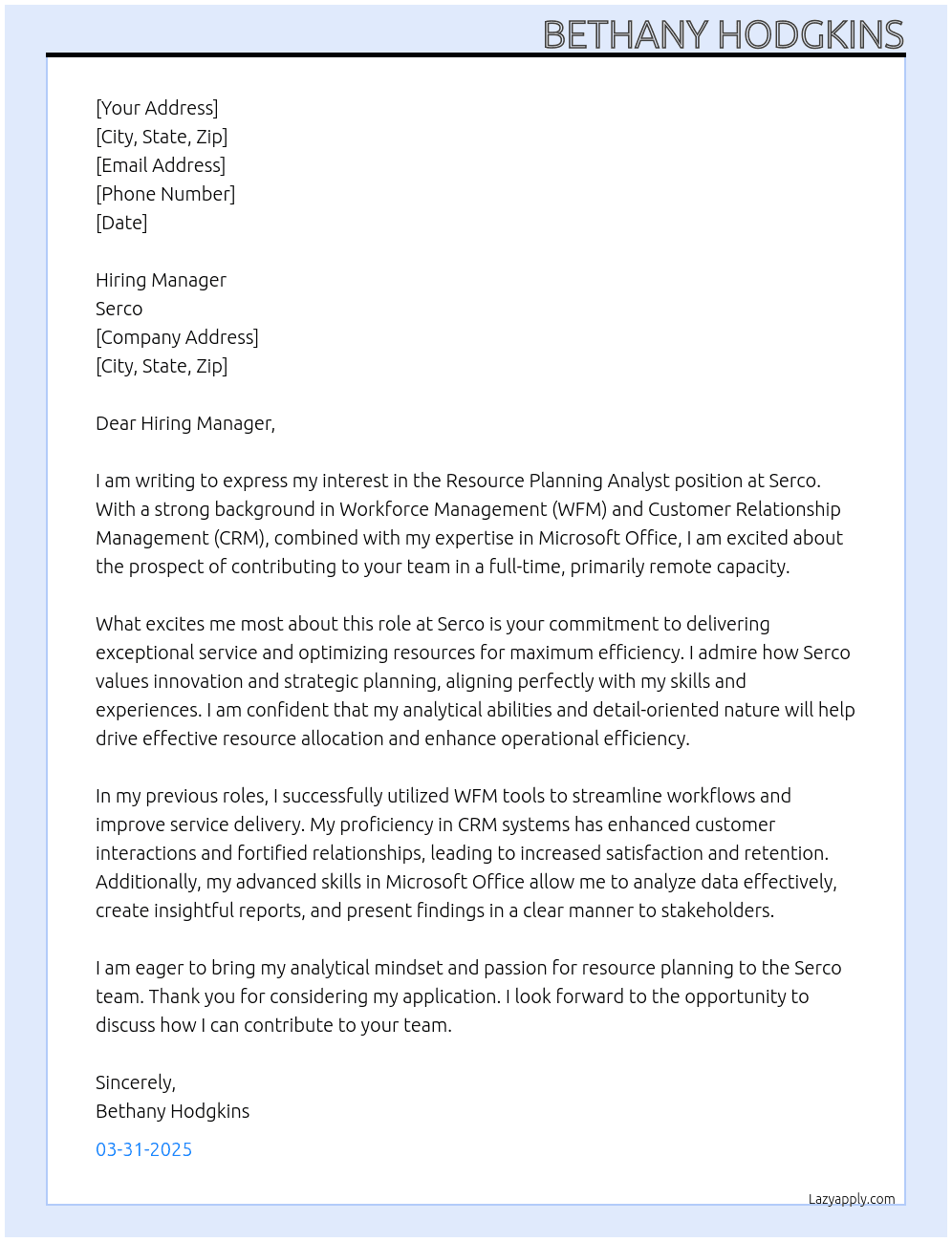 Resource Planning Analyst At Serco Cover Letter