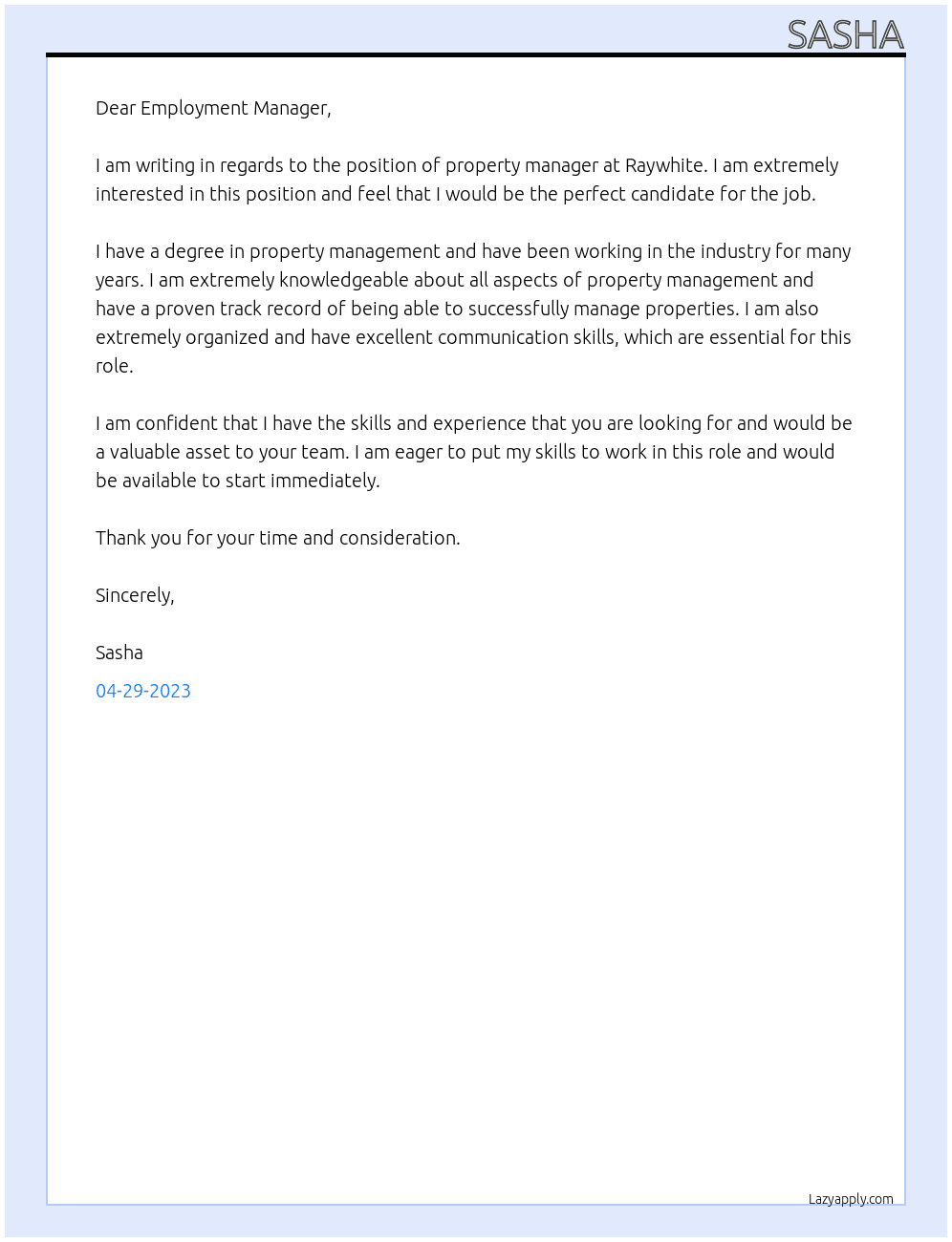 Property manager  At Raywhite Cover Letter