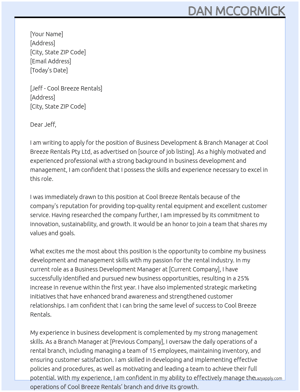 Business Development & Branch Manager At Cool Breeze Rentals Pty Ltd Cover Letter