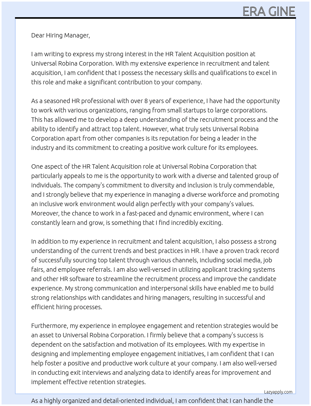 HR talent aquisition At Universal Robina Corporation Cover Letter