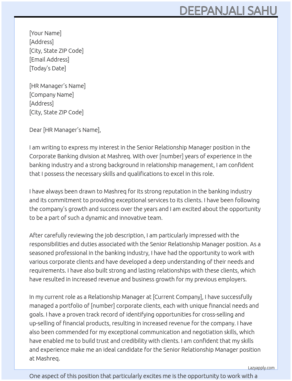 senior relationship manager corporate banking At Mashreq Cover Letter