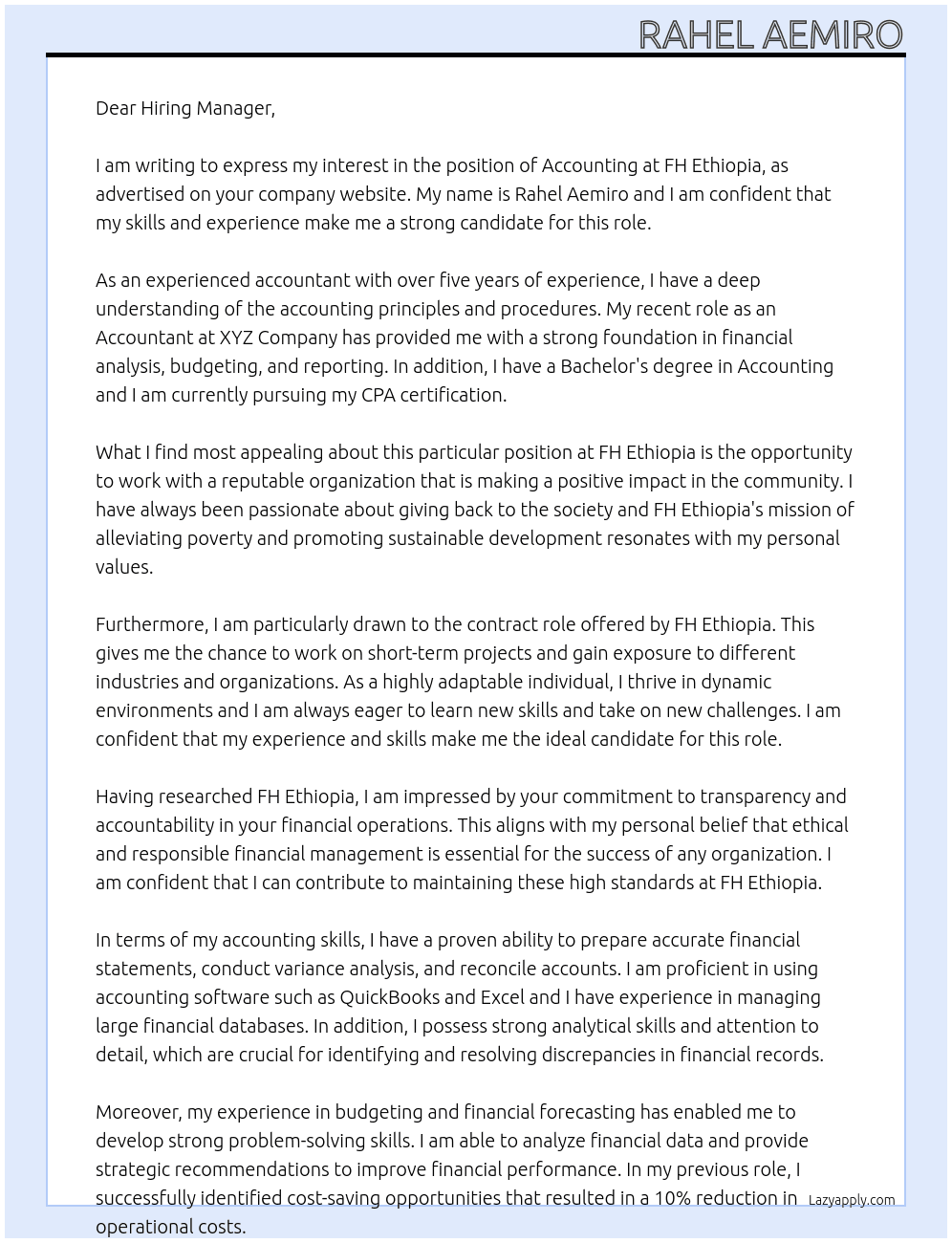 Accounting At FH Ethiopia  Cover Letter