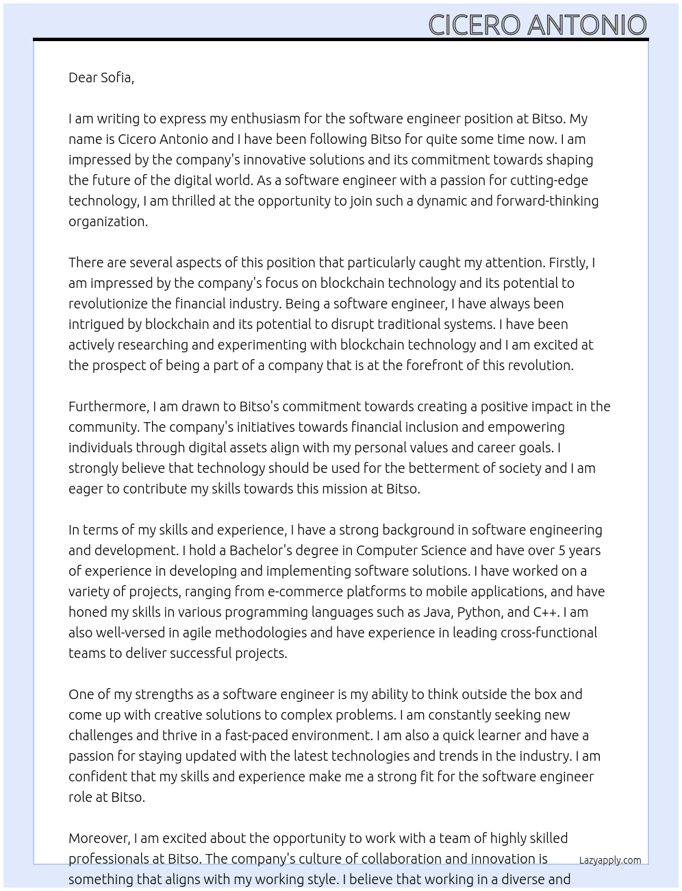 software engineer At Bitso Cover Letter