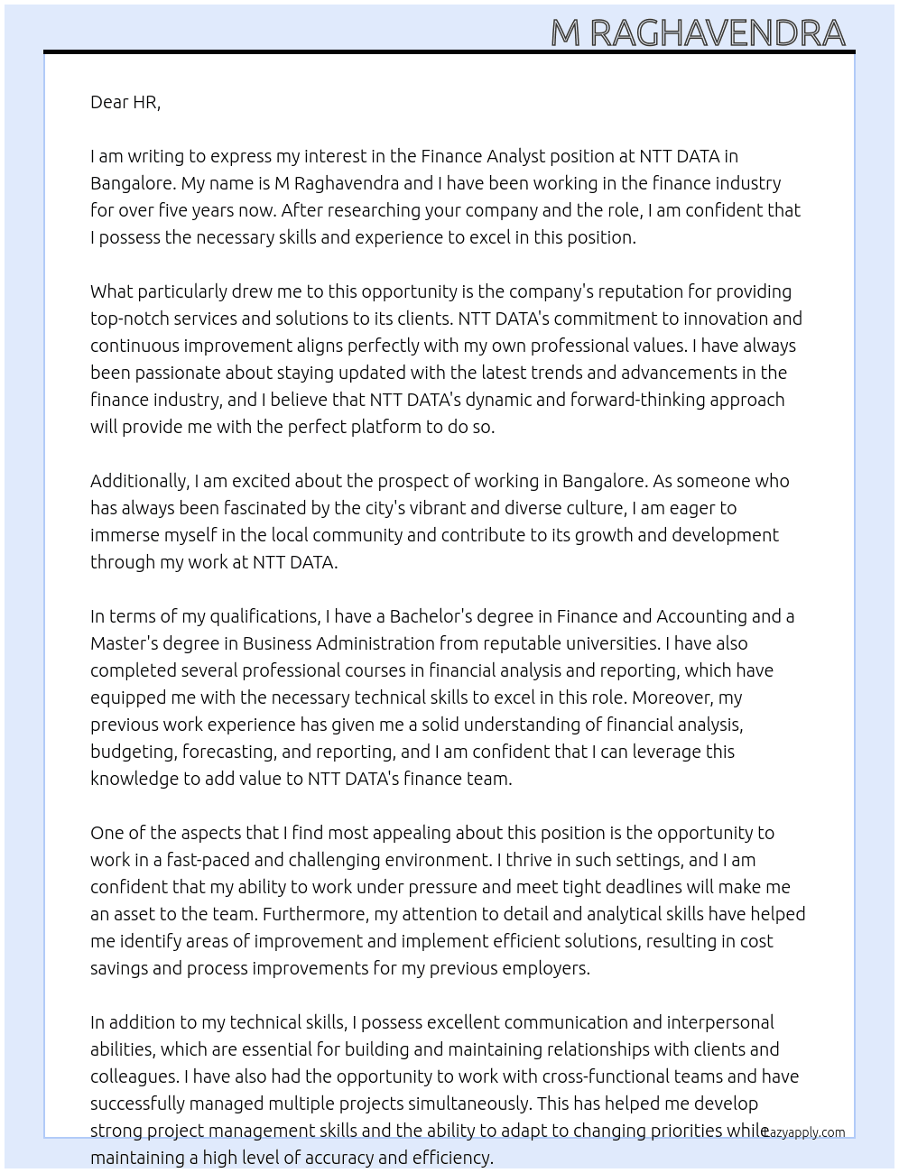 Finance analyst  At NTT DATA Cover Letter