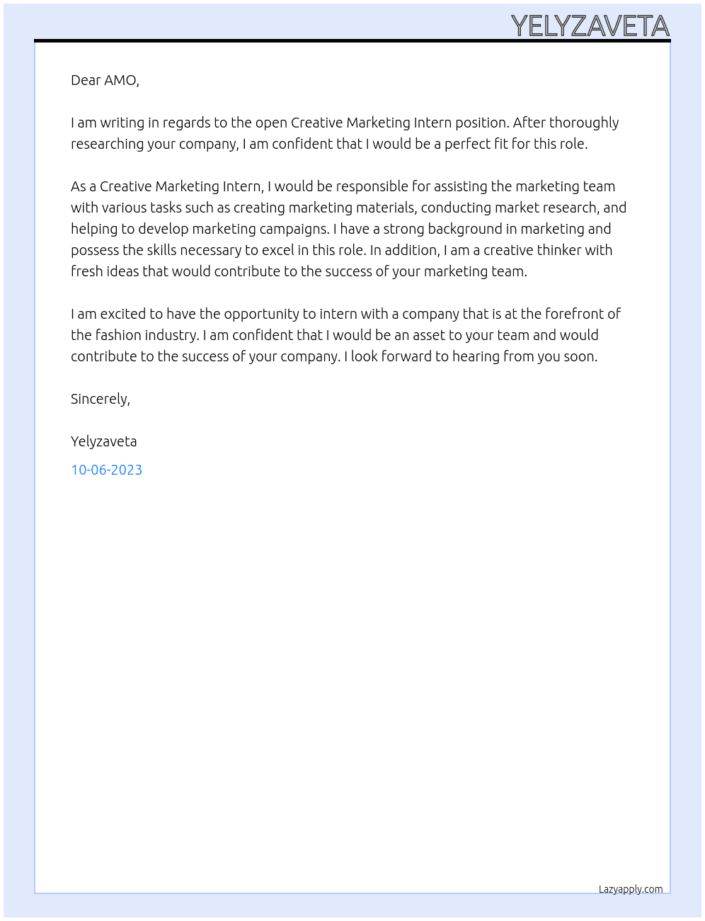 Creative Marketing Intern At AMO Cover Letter