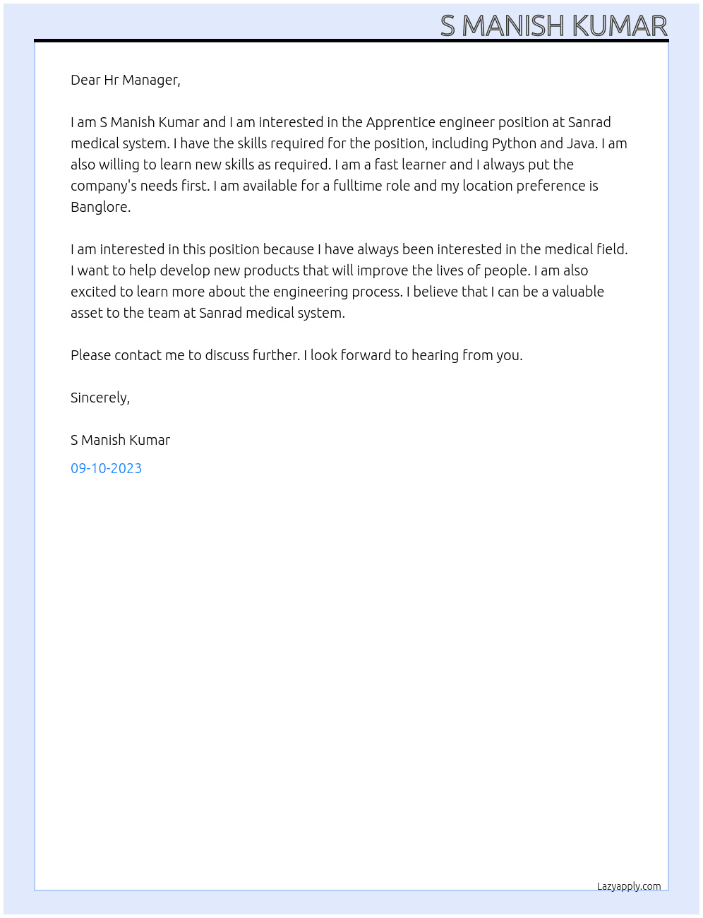 Apprentice engineer  At Sanrad medical system  Cover Letter