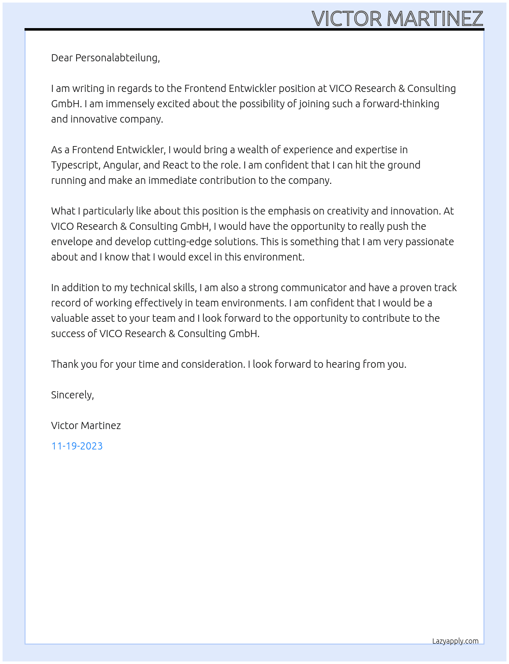 Frontend Entwickler At VICO Research & Consulting GmbH Cover Letter