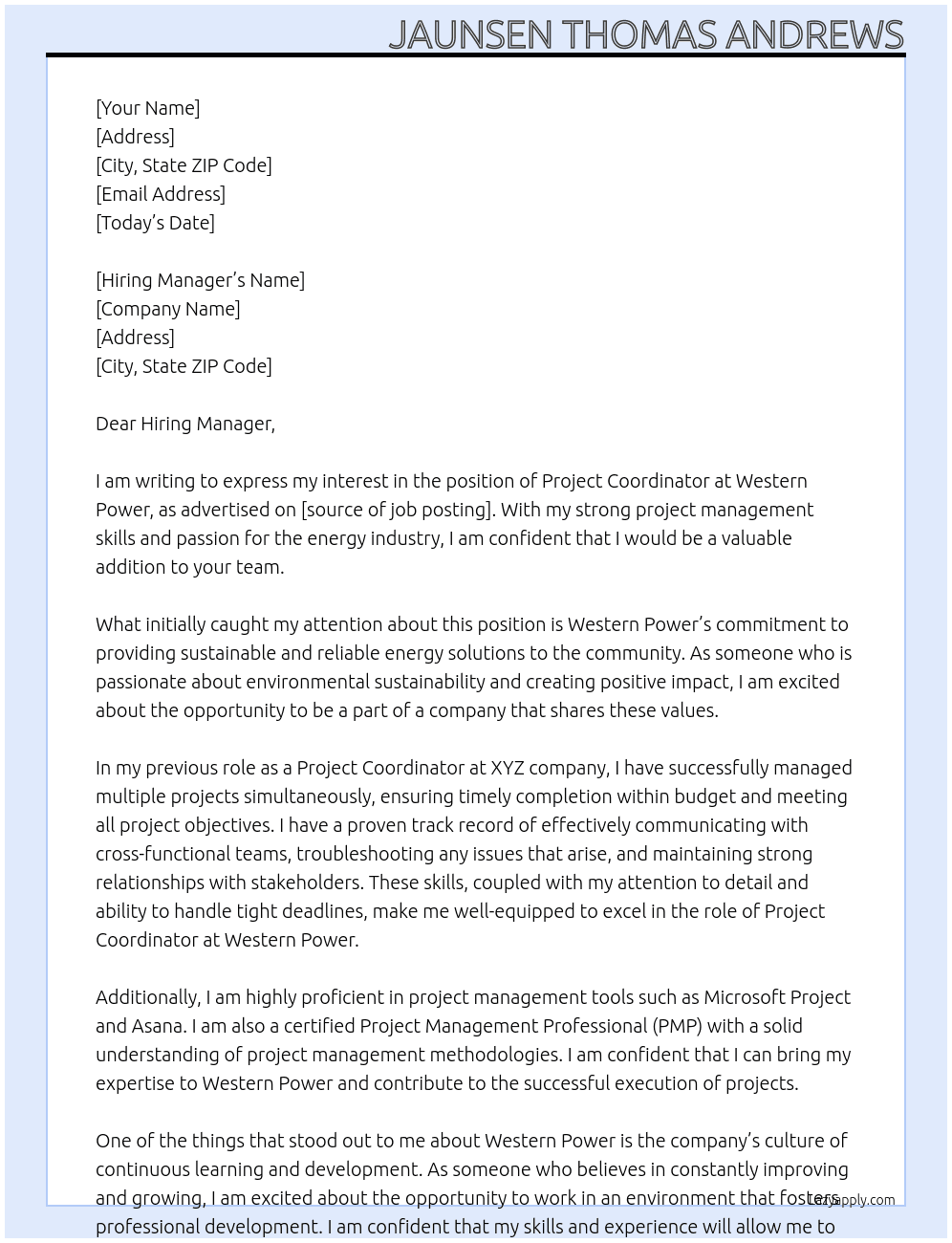 Project Coordinator At Western Power Cover Letter