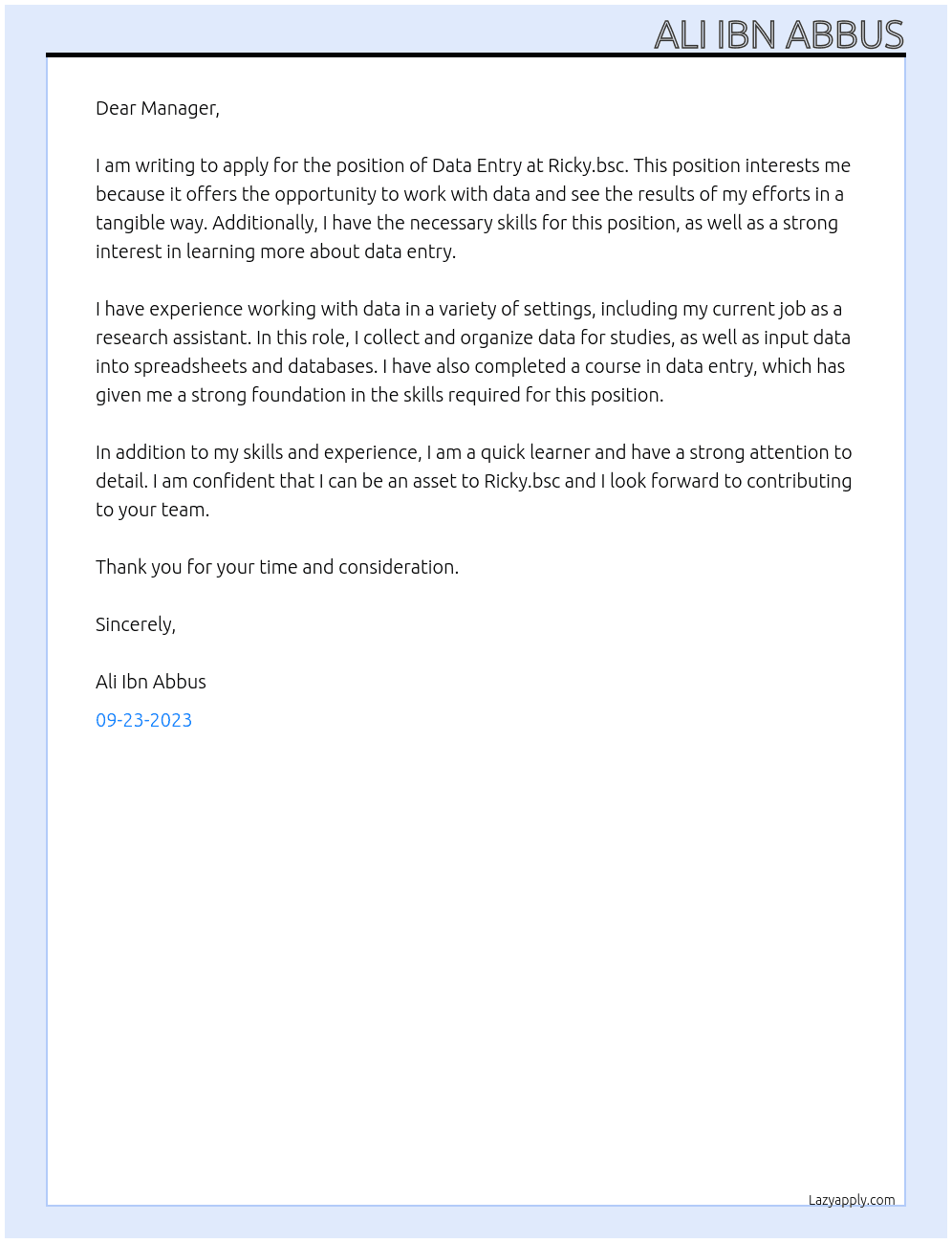 Data Entry At ricky.bsc Cover Letter
