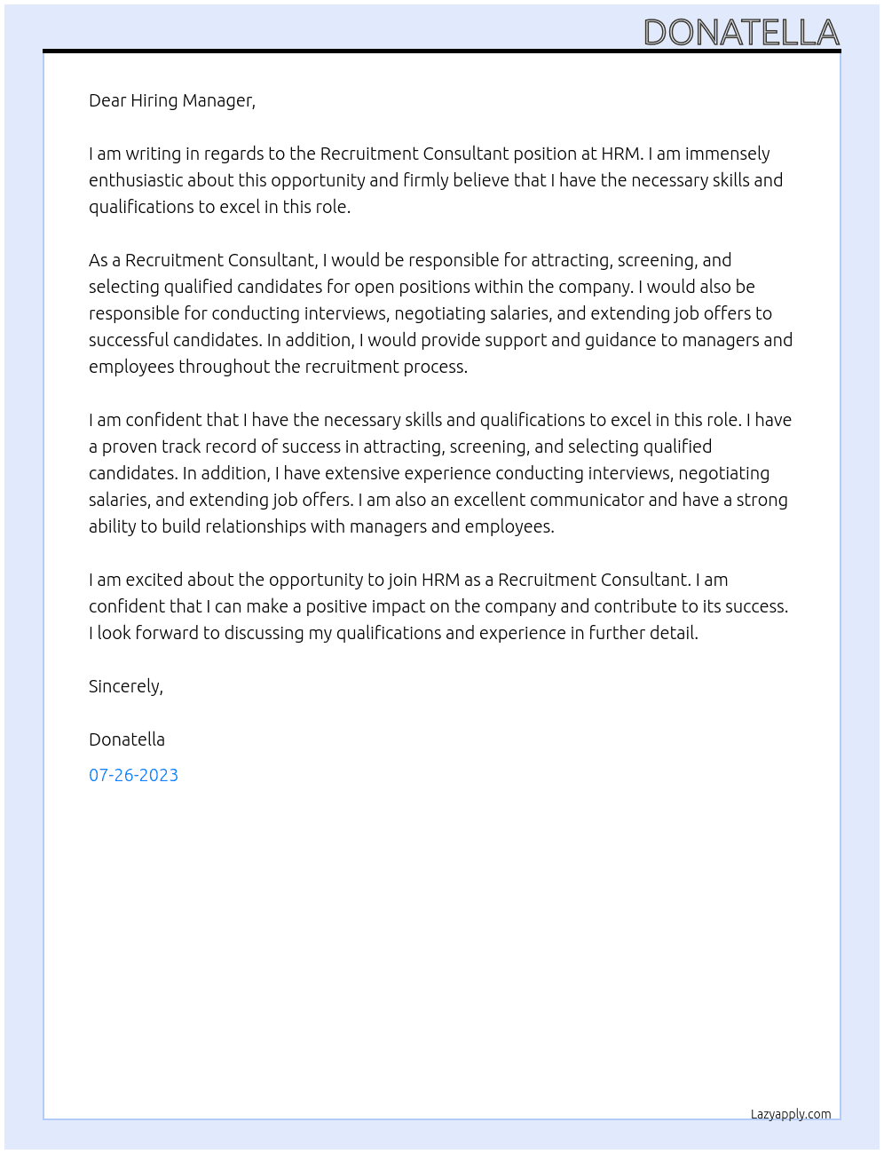 Recruitment Consultant  At HRM  Cover Letter