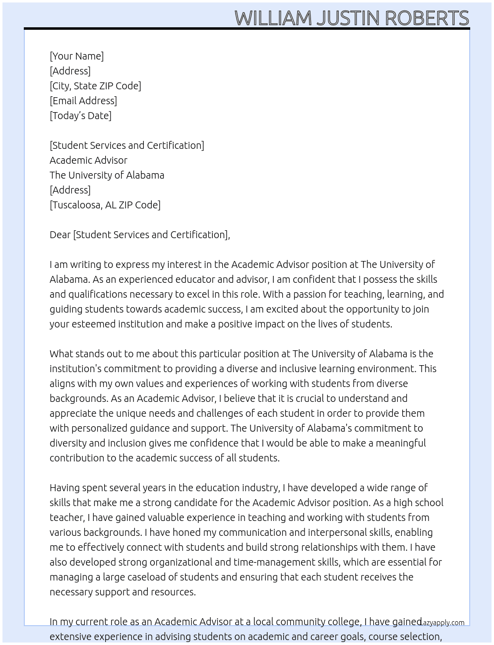 Academic Advisor At The University of Alabama Cover Letter