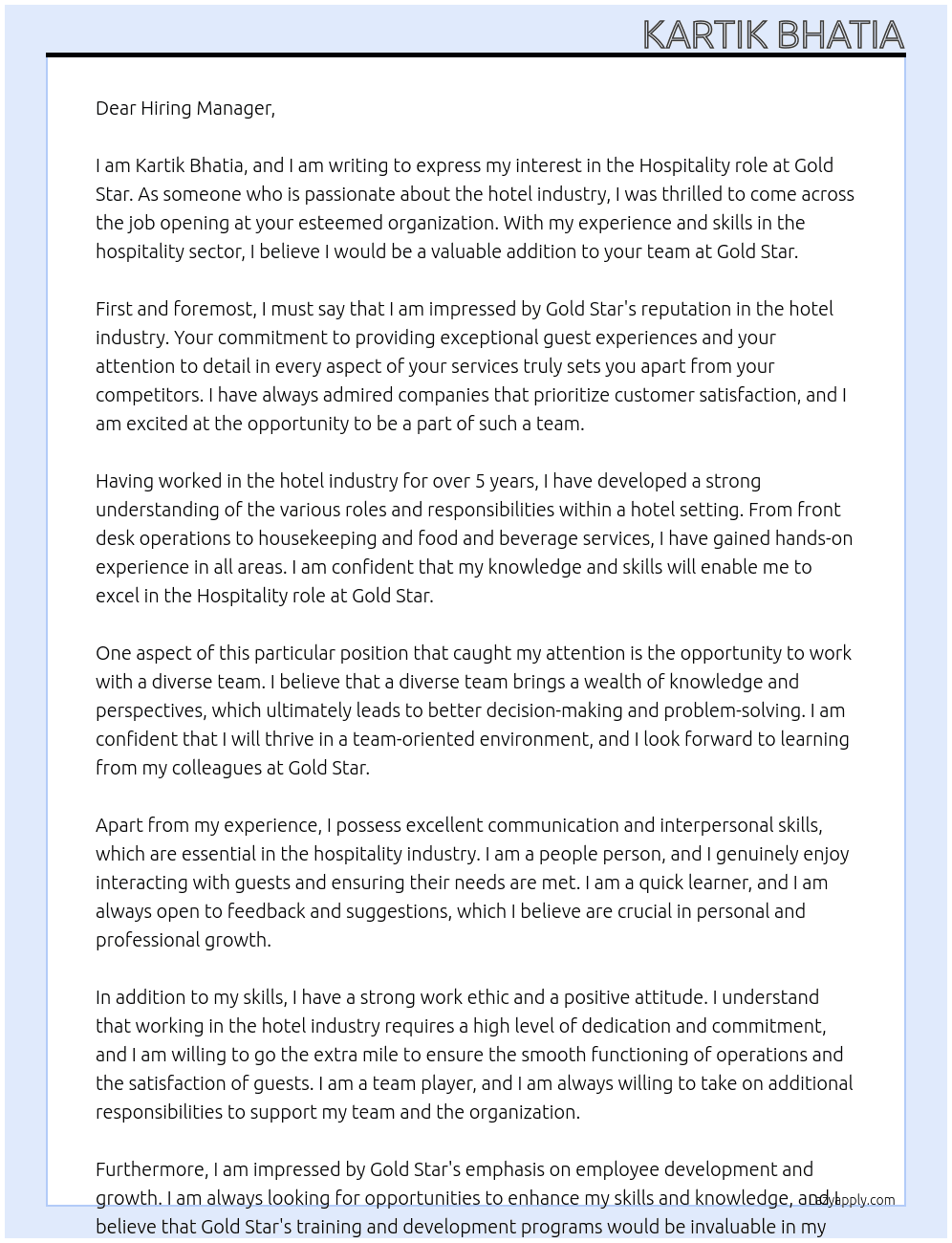 hotel Industry At Gold Star Cover Letter