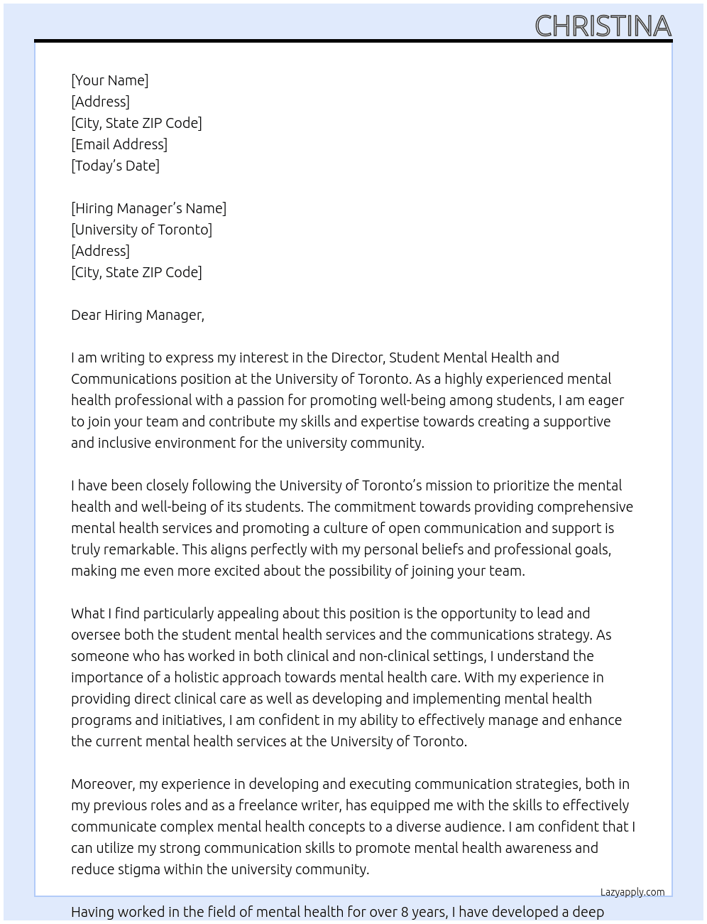 Director, Student Mental Health and Communications At University of Toronto Cover Letter
