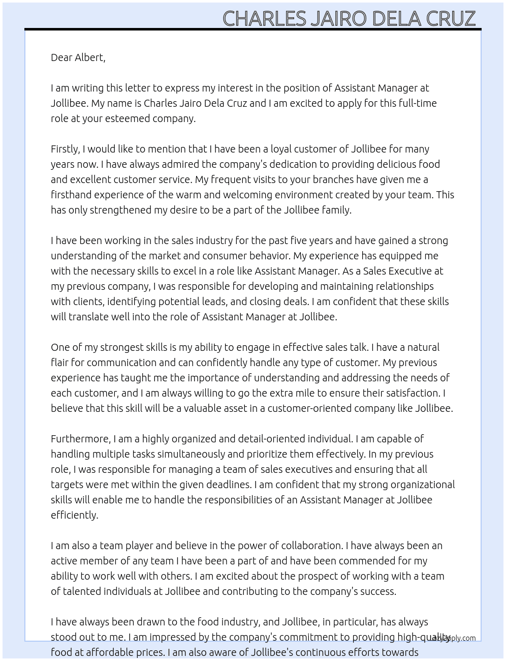 Assistant Manager  At Jollibee  Cover Letter
