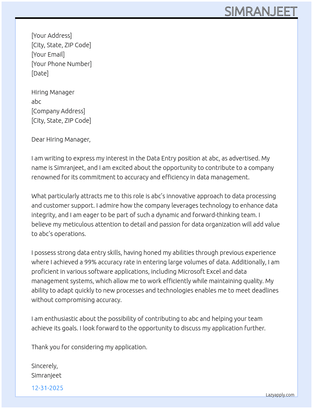 Data Entry At abc Cover Letter