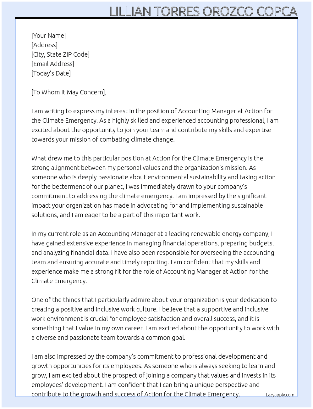 Accounting Manager At Action for the Climate Emergency Cover Letter
