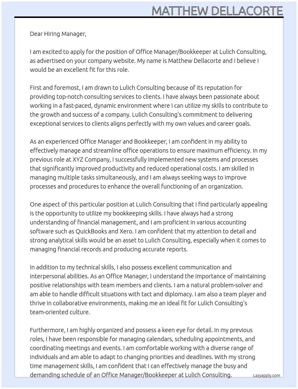 Office Manager/Bookkeeper At Lulich Consulting Cover Letter
