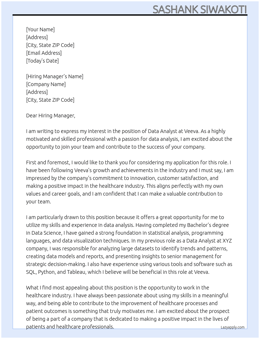 Data Analyst At Veeva Cover Letter