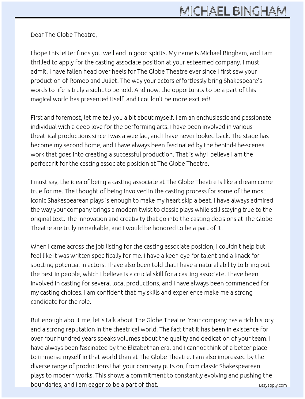 casting associate  At The Globe Theatre Cover Letter