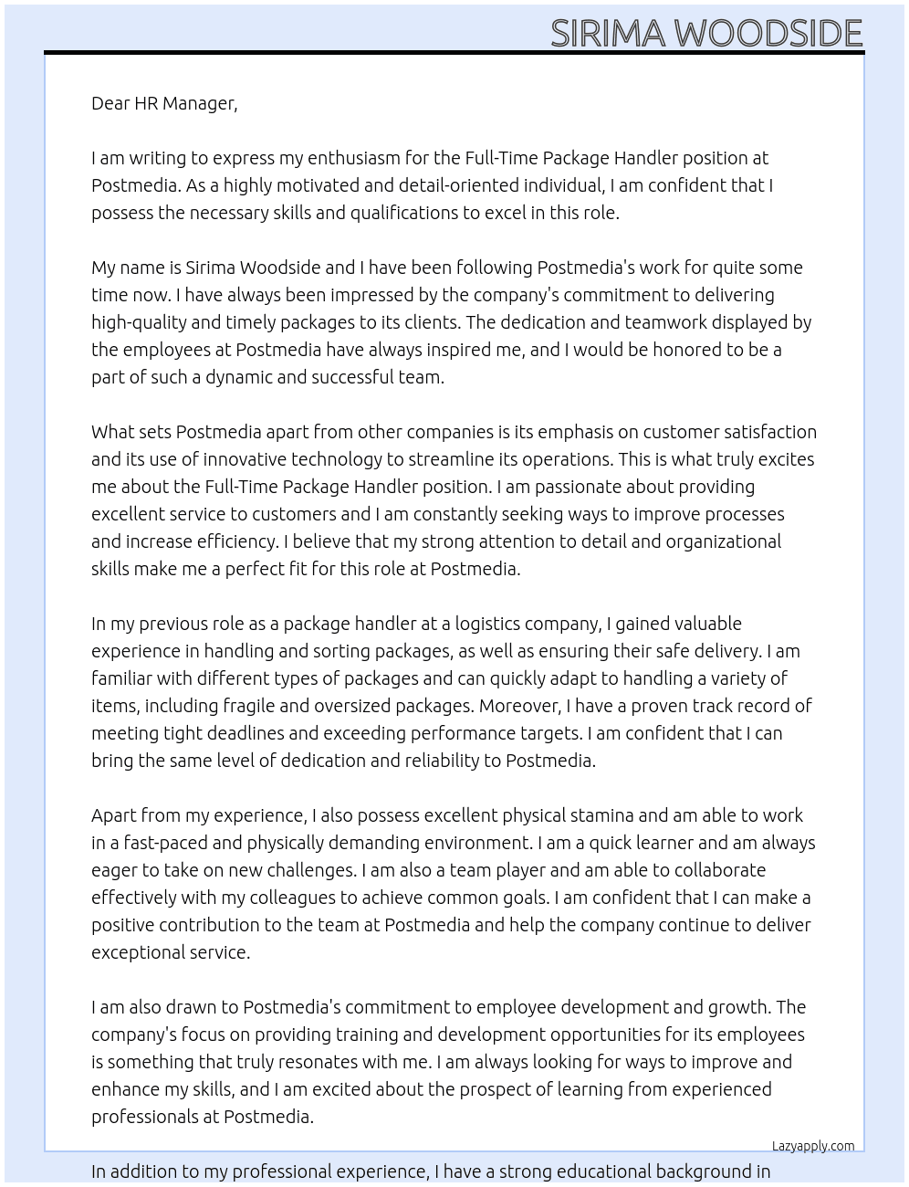 Full-Time Package Handler At Postmedia Cover Letter