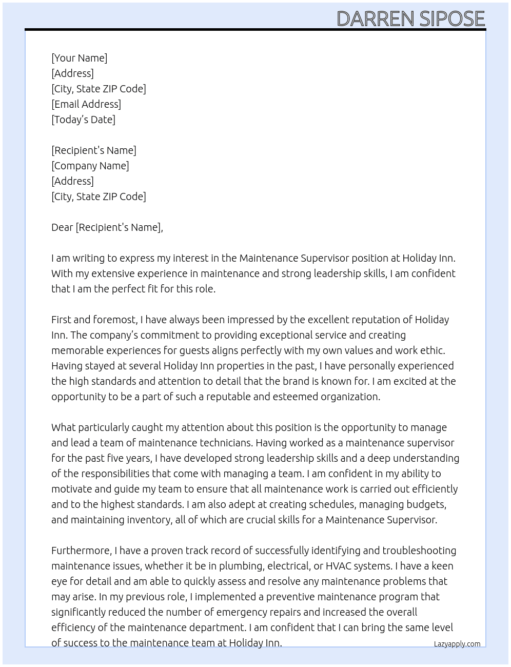 Maintenance Supervisor  At Holiday Inn  Cover Letter