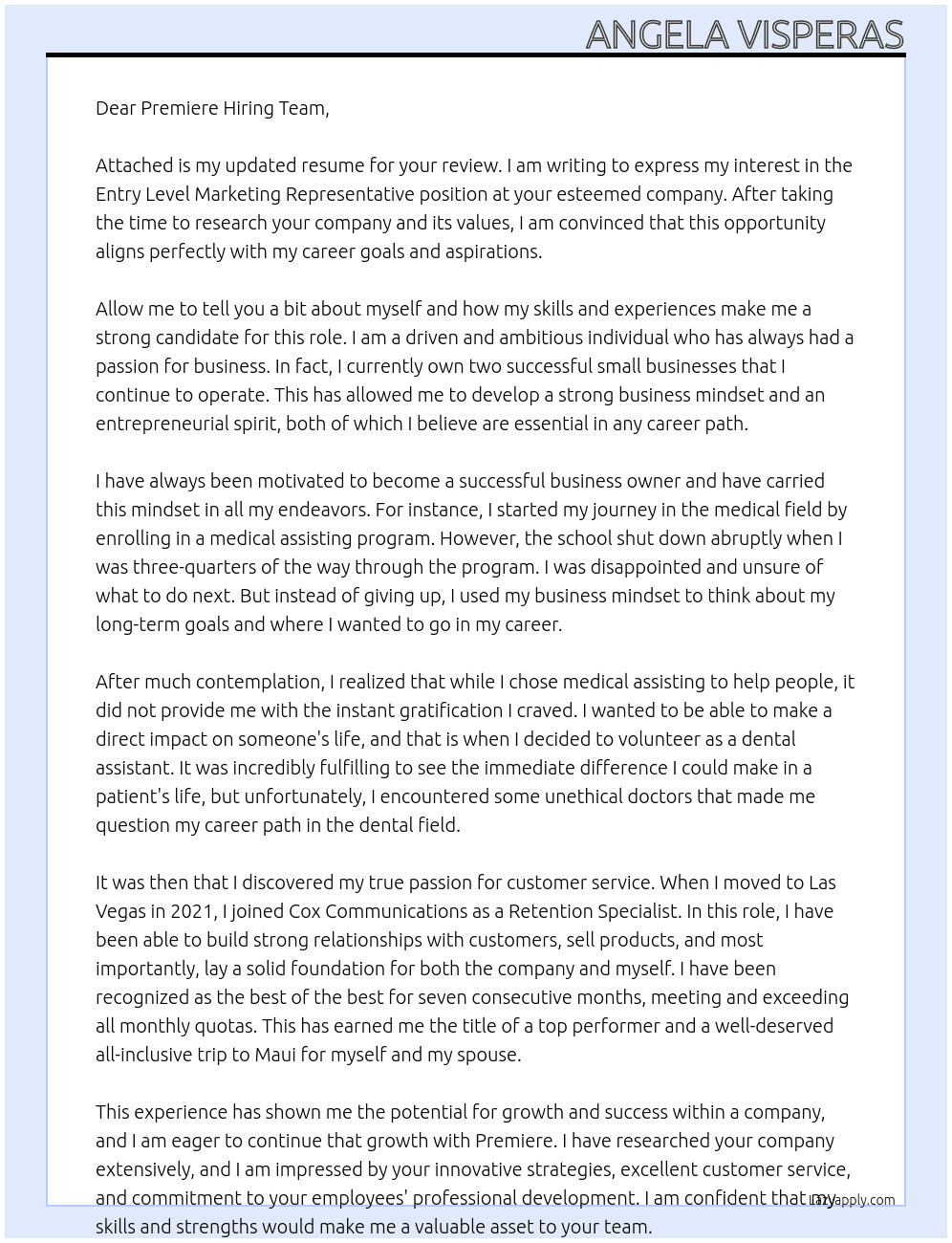 Entry level marketing representative At Premiere  Cover Letter