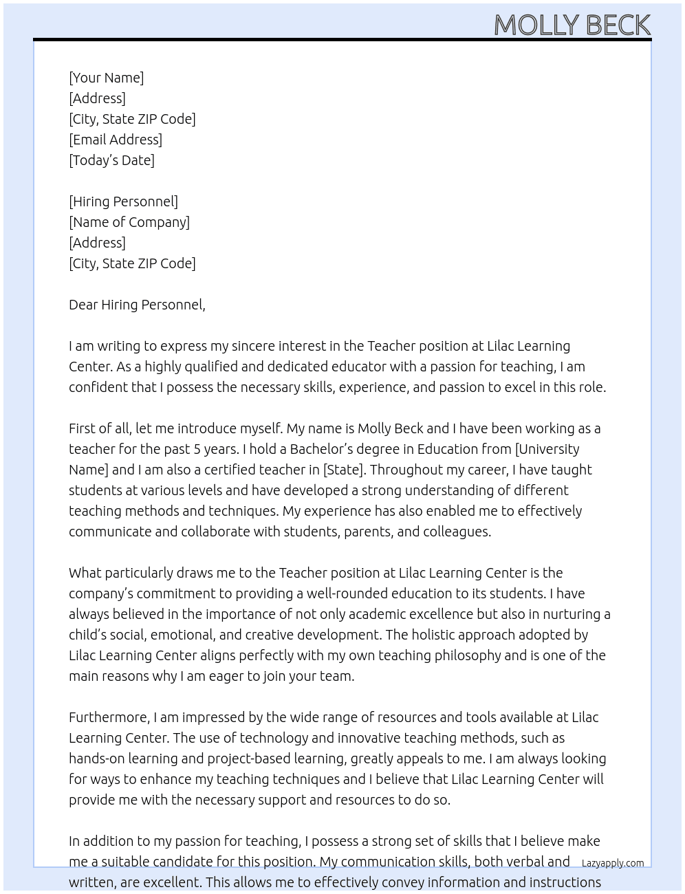 Teacher At Lilac Learning Center Cover Letter