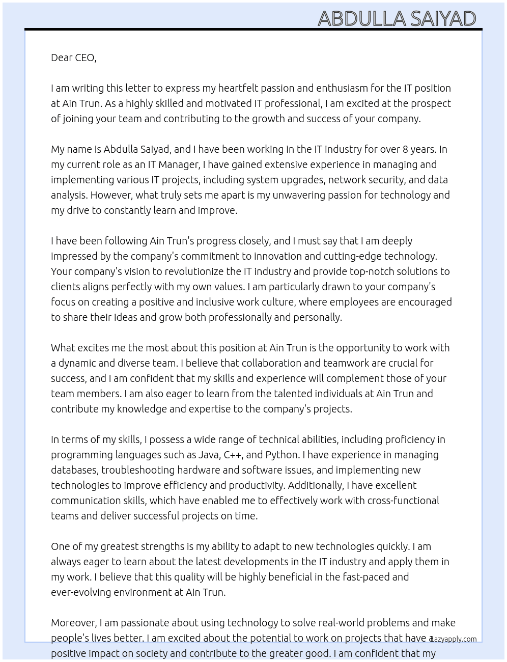IT  At Ain trun Cover Letter