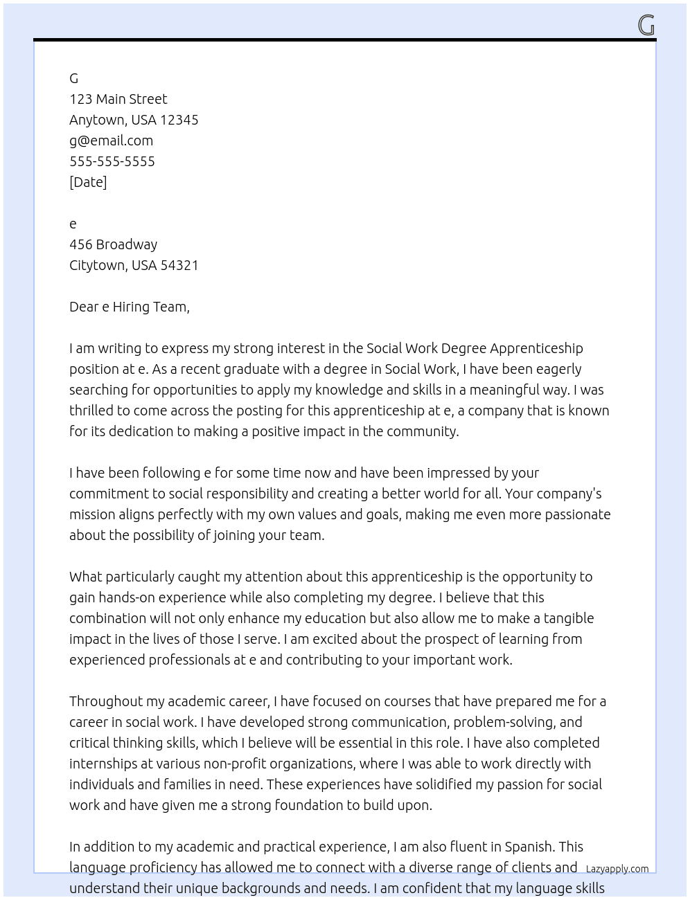 Social Work Degree Apprenticeship At e Cover Letter