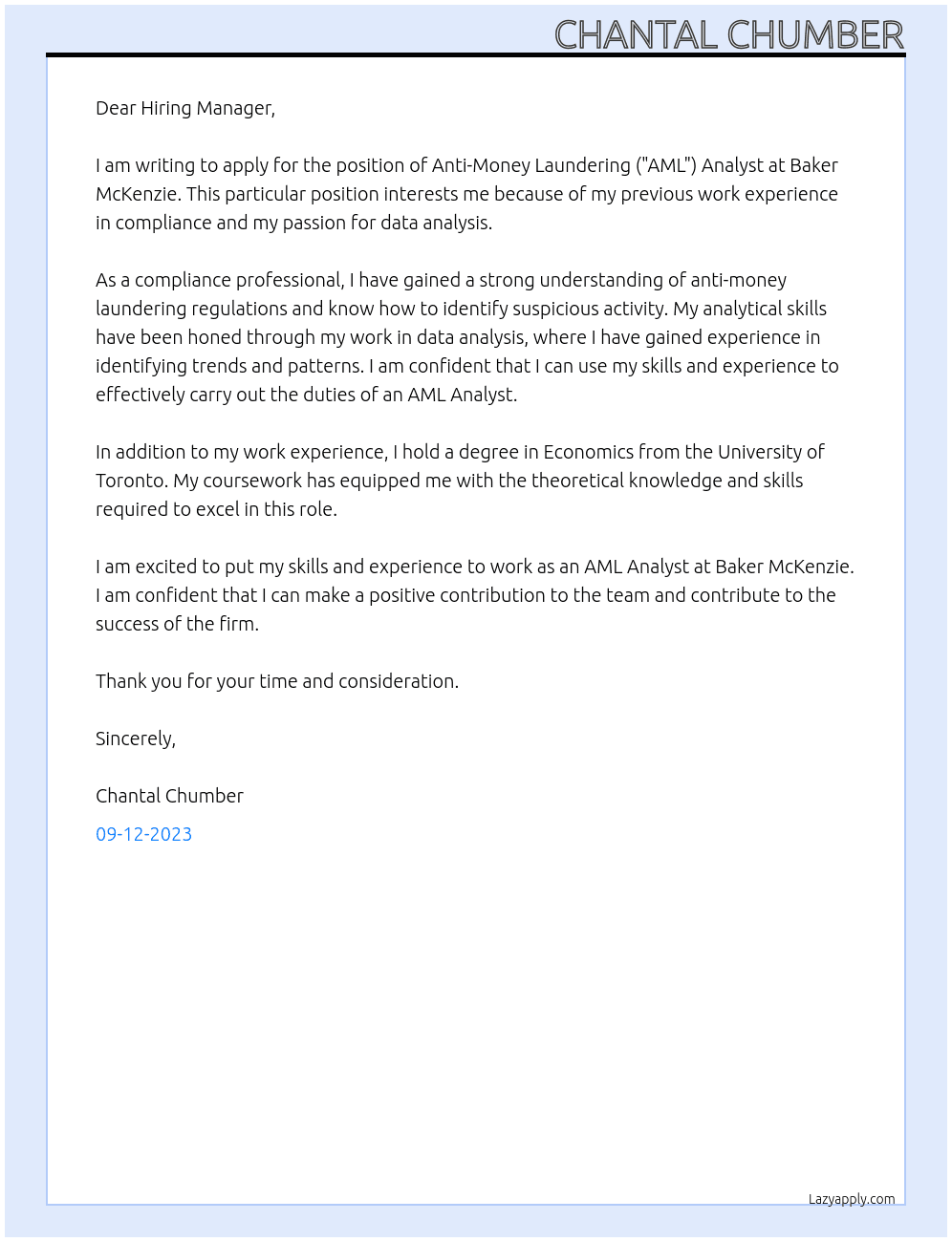 Anti-Money Laundering ("AML") Analyst At Baker McKenzie Cover Letter