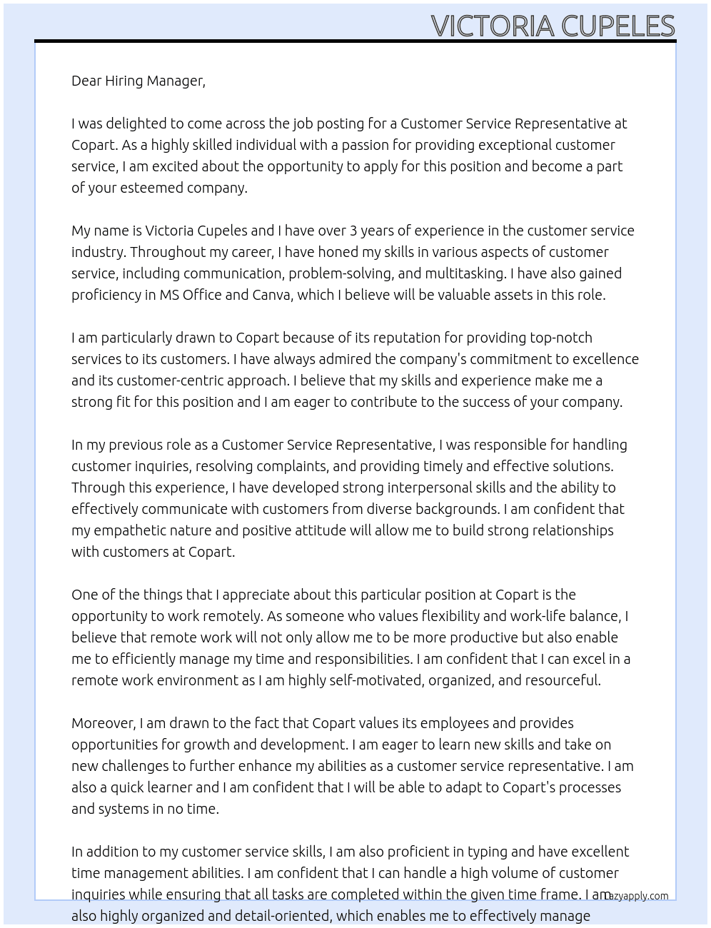 Customer service representative At Copart Cover Letter