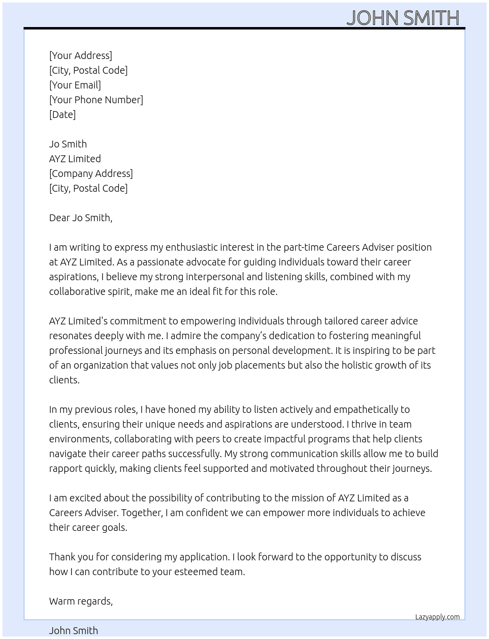 Careers Adviser  At AYZ Limited  Cover Letter