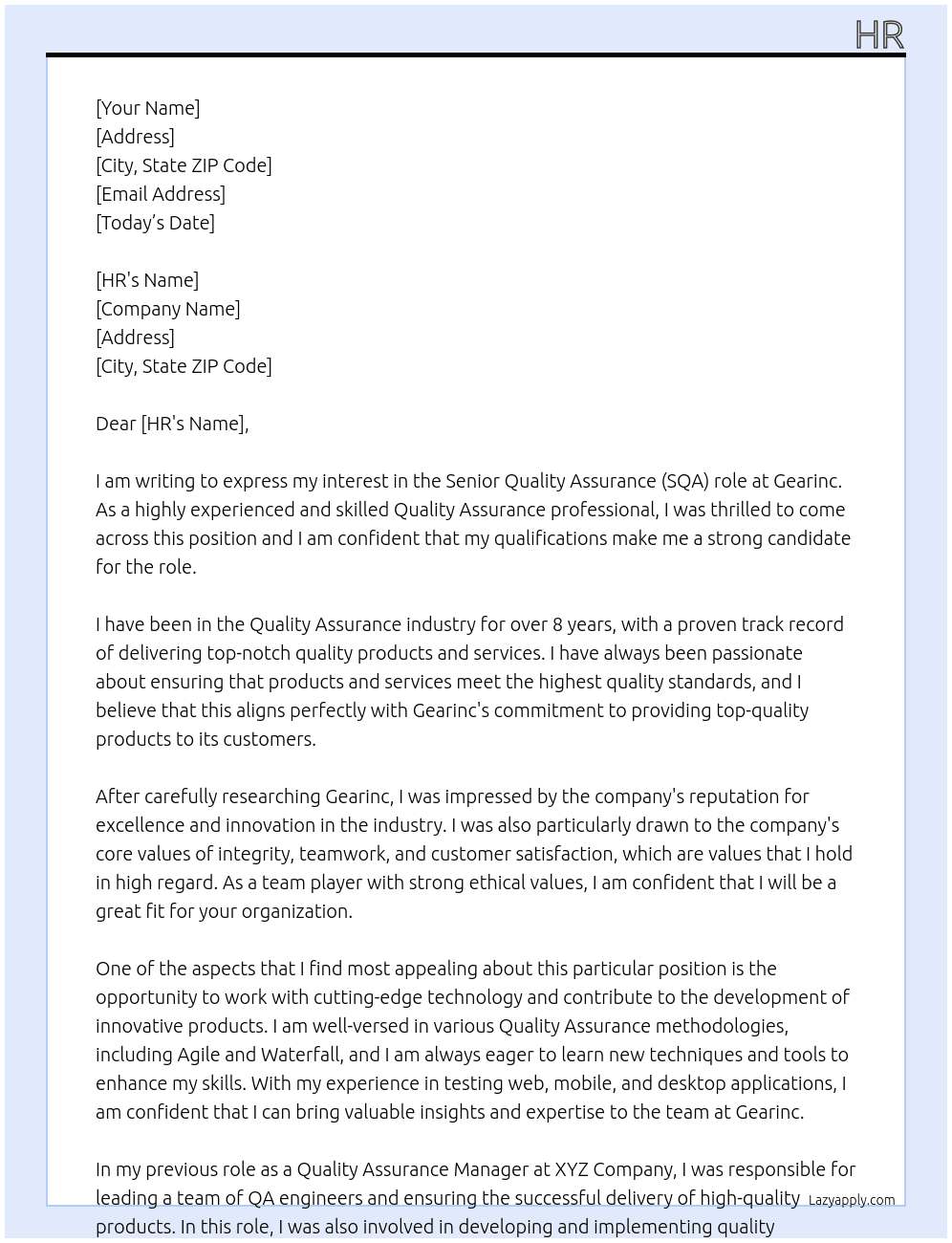 Senior Quality Assurance At Gearinc Cover Letter