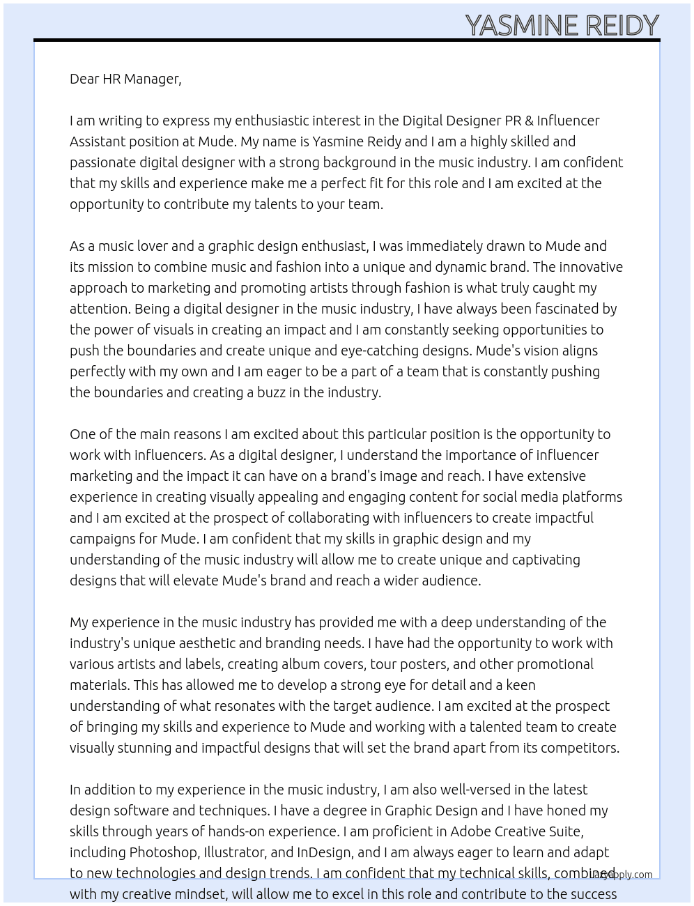 Digital DesignerPR & Influencer Assistant At Mude Cover Letter
