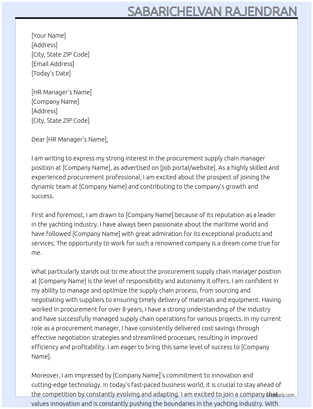 procurement supply chain manager At yatcht Cover Letter